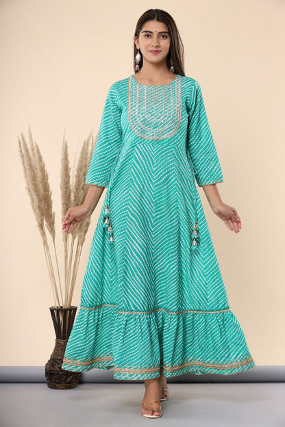 Green Printed Embroidered Mirror Work Sequin Cotton Flared Dress