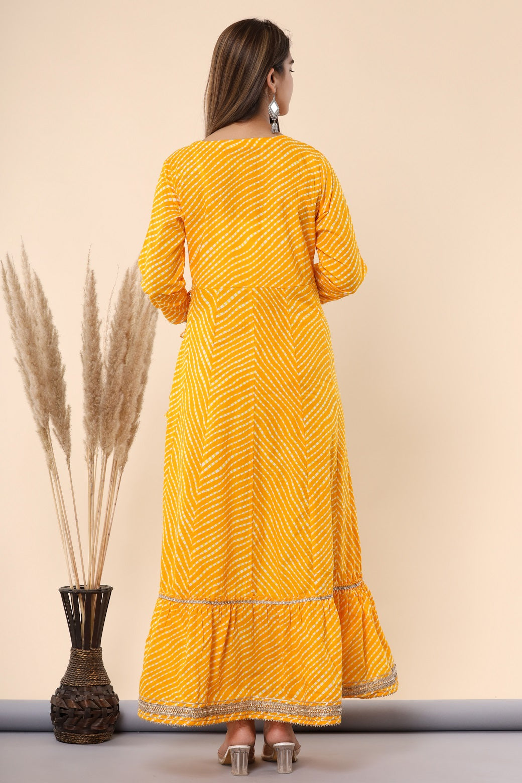 Yellow Printed Embroidered Mirror Work Sequin Cotton Flared Dress