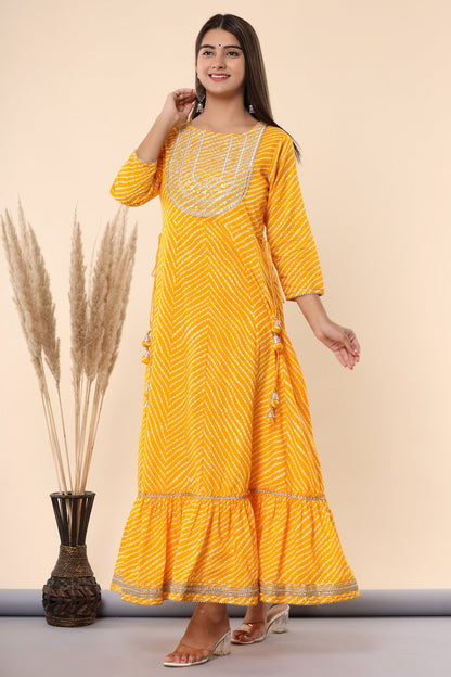 Yellow Printed Embroidered Mirror Work Sequin Cotton Flared Dress