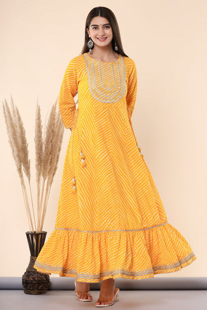 Yellow Printed Embroidered Mirror Work Sequin Cotton Flared Dress