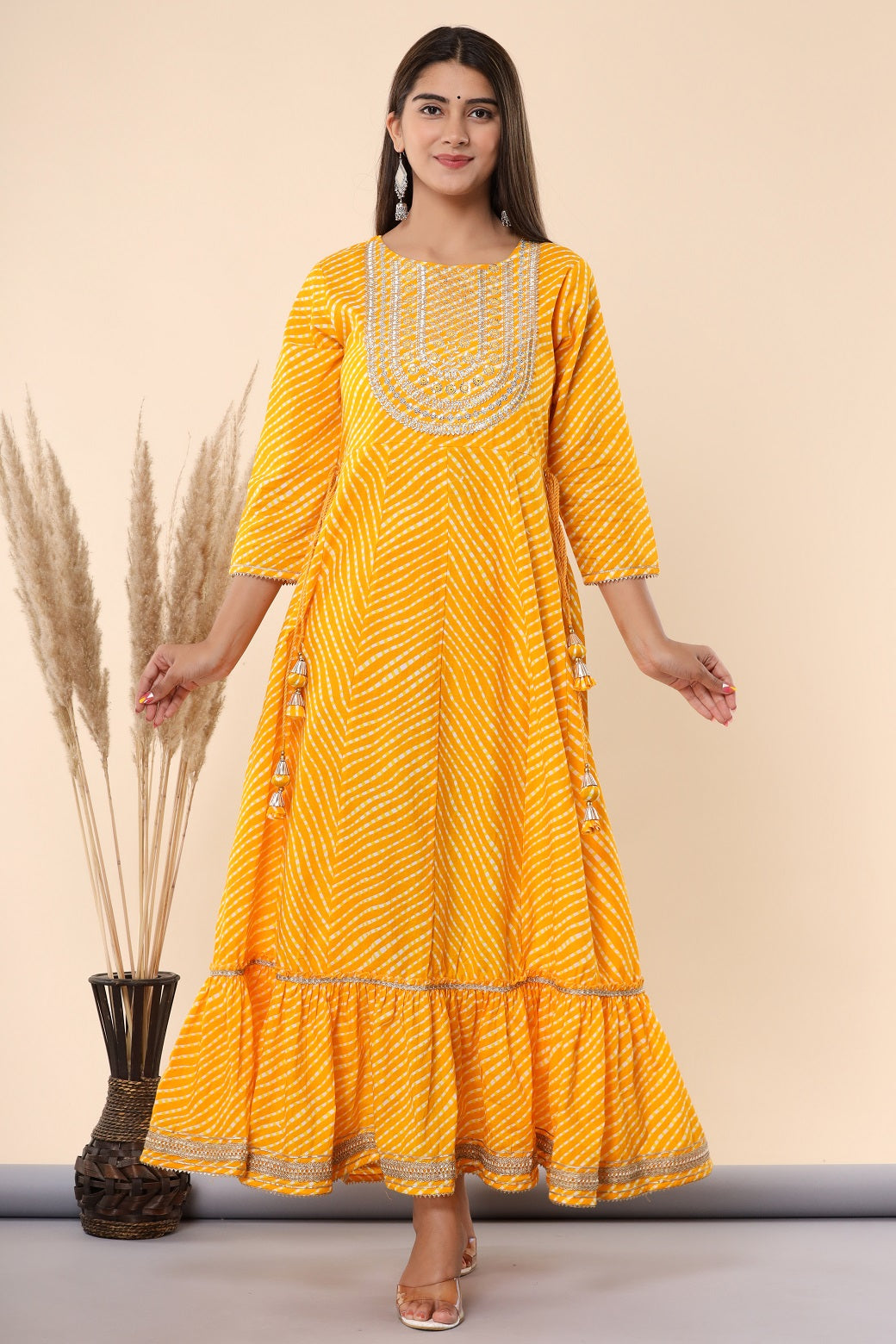 Yellow Printed Embroidered Mirror Work Sequin Cotton Flared Dress