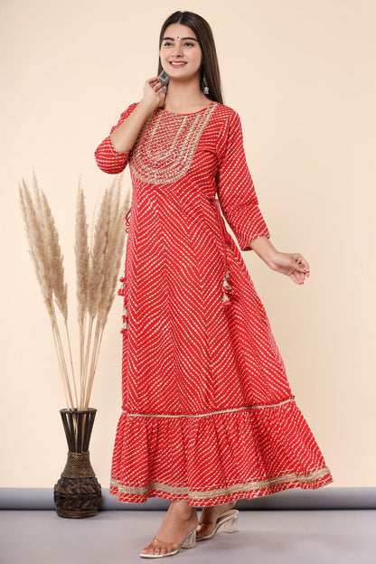 Maroon Printed Embroidered Mirror Work Sequin Cotton Flared Dress