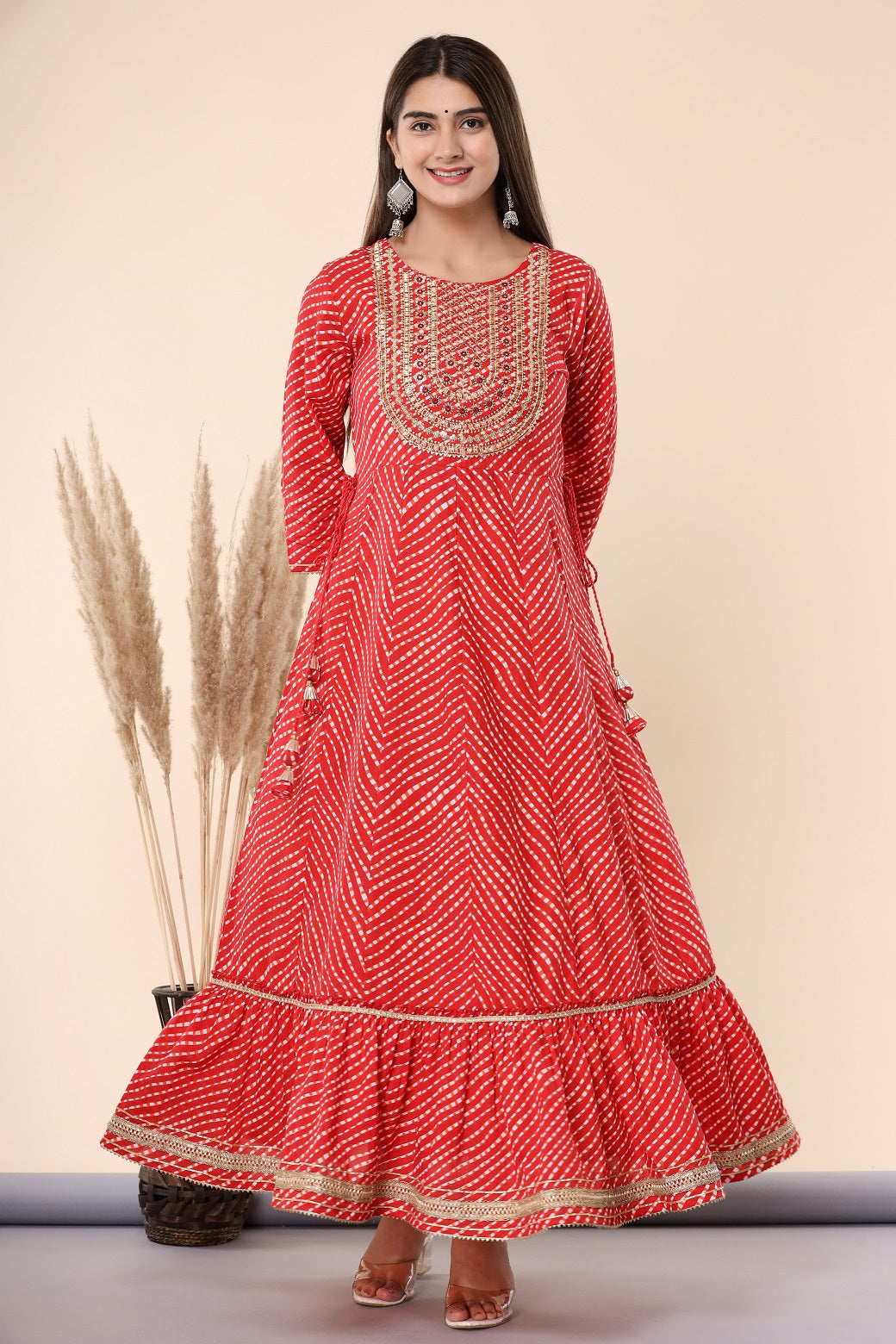 Maroon Printed Embroidered Mirror Work Sequin Cotton Flared Dress