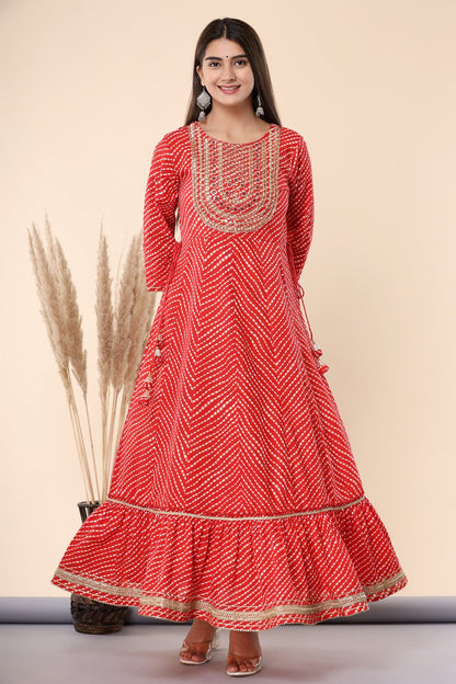 Maroon Printed Embroidered Mirror Work Sequin Cotton Flared Dress