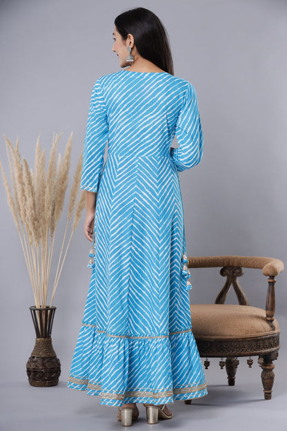 Sky blue Printed Embroidered Mirror Work Sequin Cotton Flared Dress