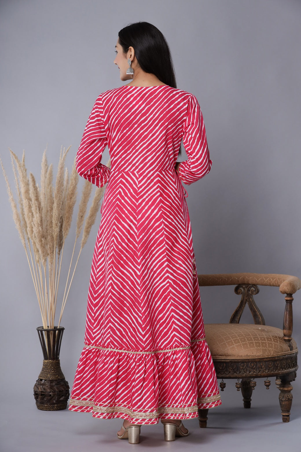 Fuchsia Printed Embroidered Mirror Work Sequin Cotton Flared Dress