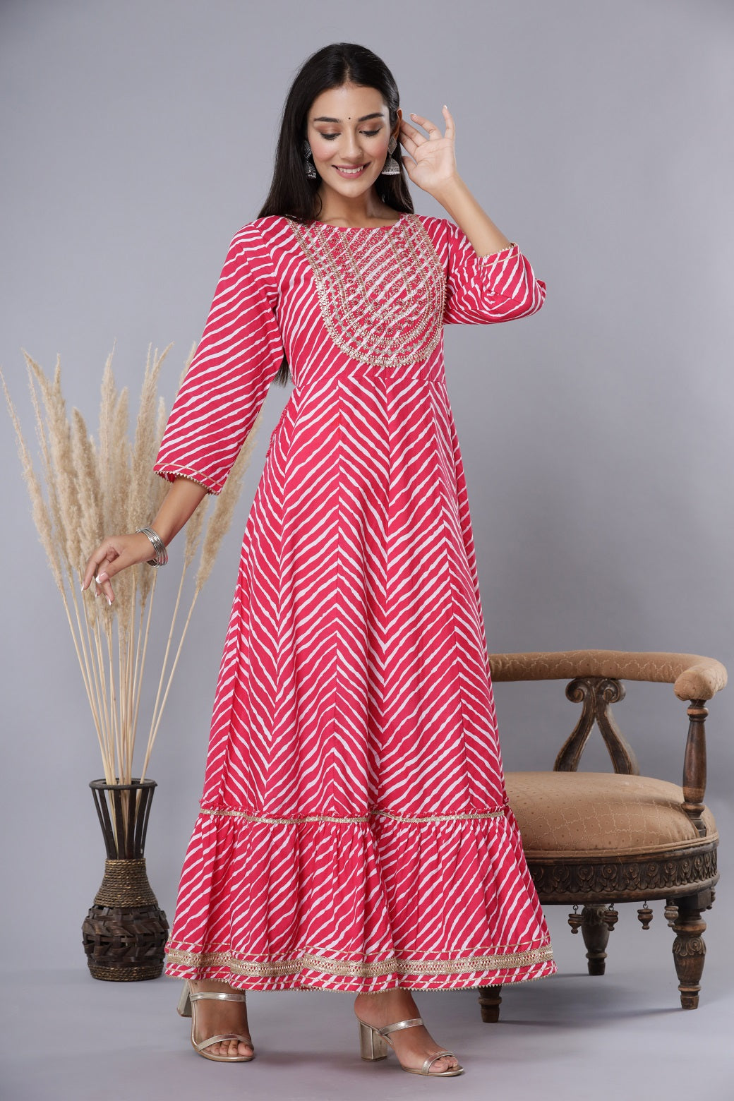 Fuchsia Printed Embroidered Mirror Work Sequin Cotton Flared Dress