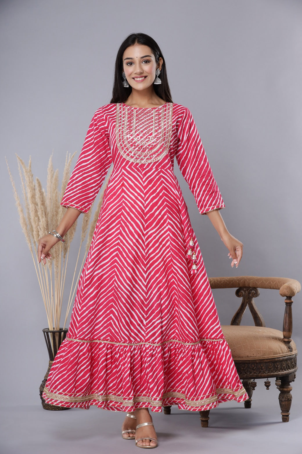 Fuchsia Printed Embroidered Mirror Work Sequin Cotton Flared Dress