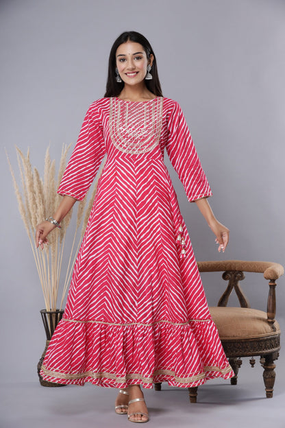 Fuchsia Printed Embroidered Mirror Work Sequin Cotton Flared Dress