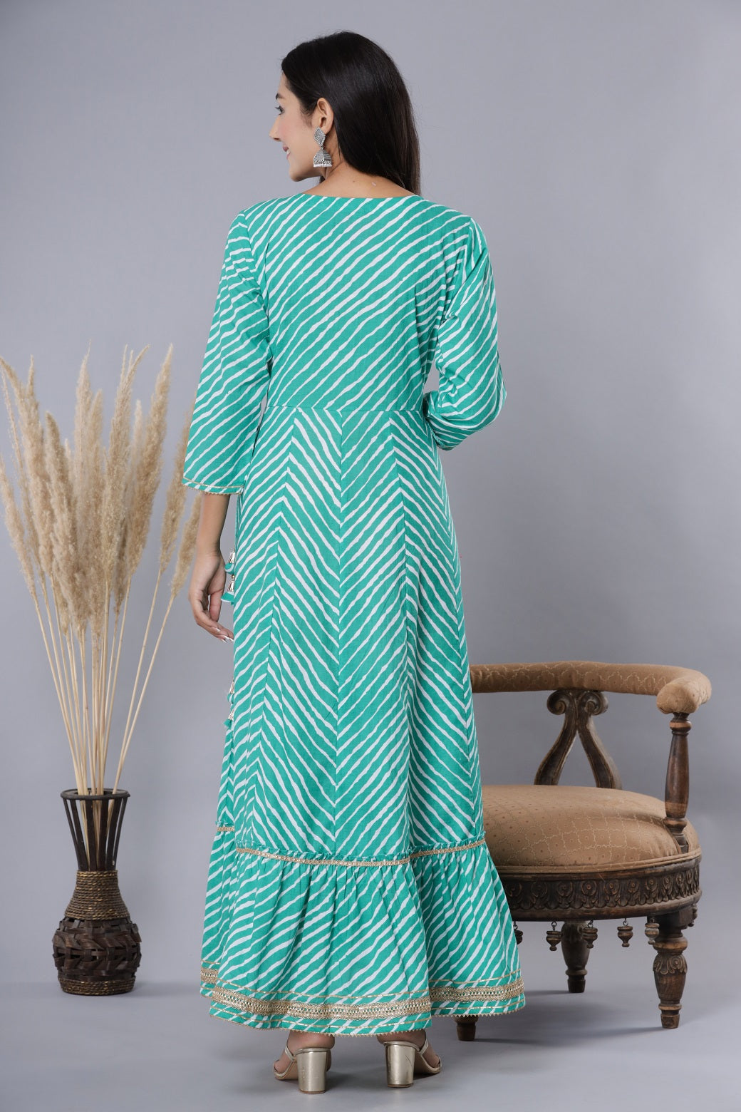 Green Printed Embroidered Mirror Work Sequin Cotton Flared Dress