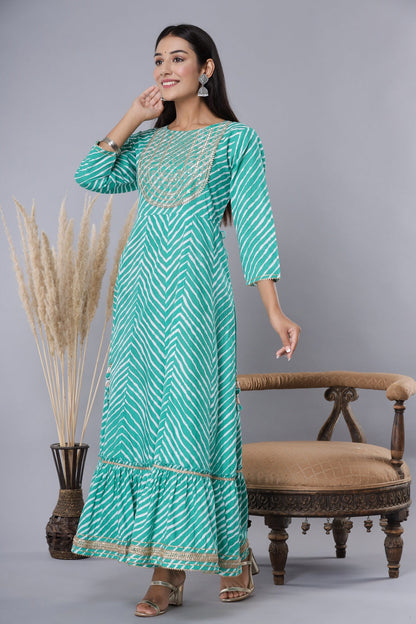 Green Printed Embroidered Mirror Work Sequin Cotton Flared Dress