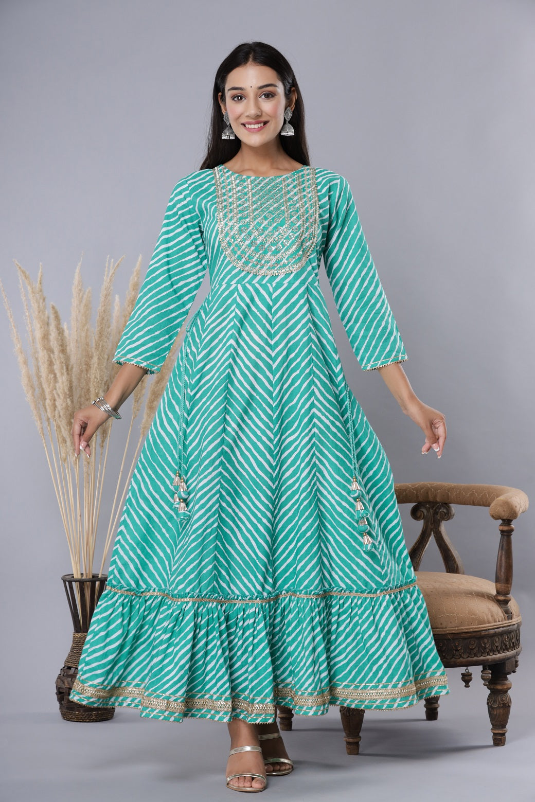 Green Printed Embroidered Mirror Work Sequin Cotton Flared Dress