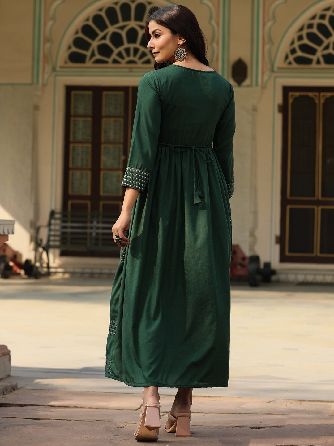 Green Festive Embroidered Flared Dress