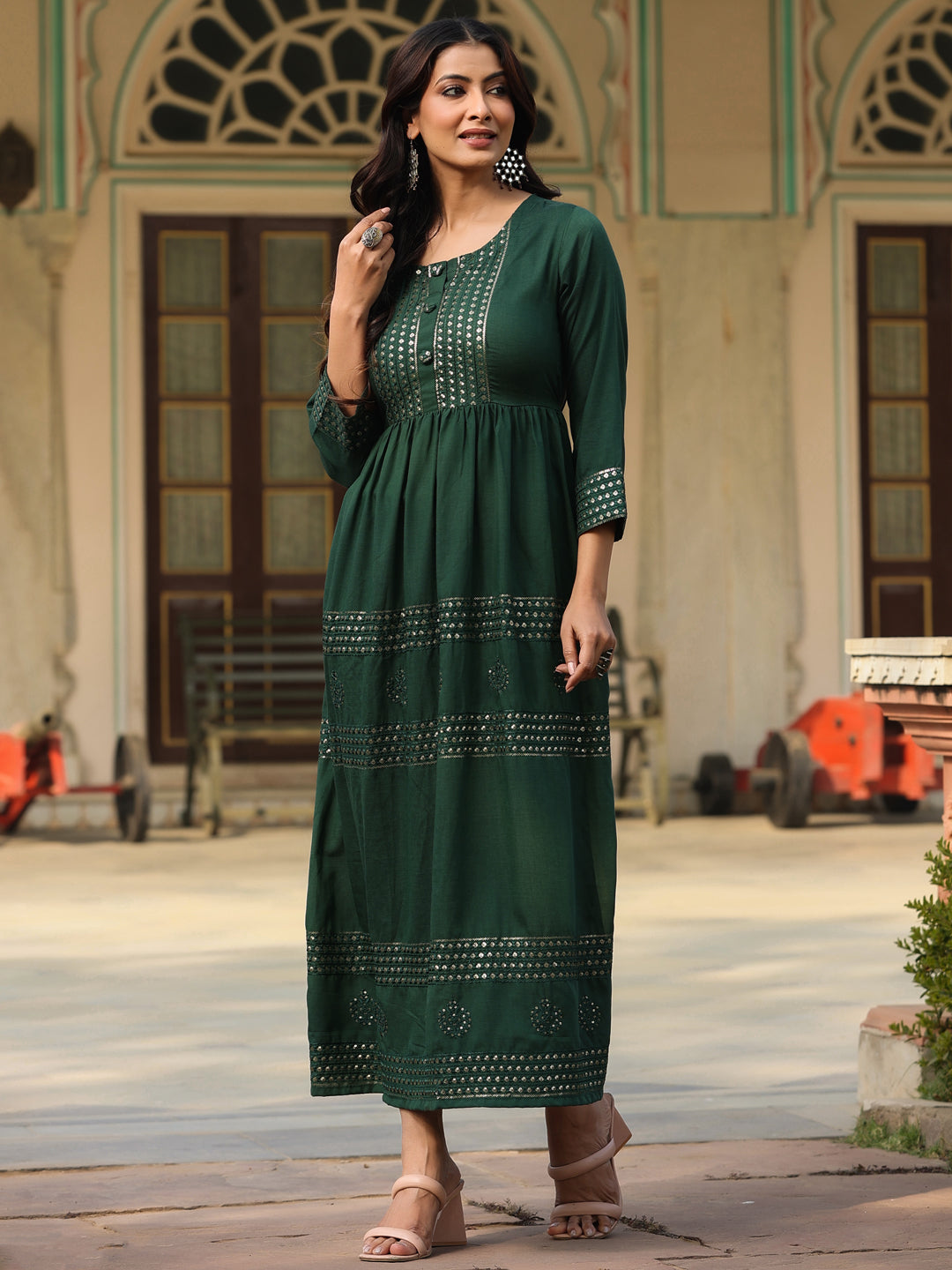 Green Festive Embroidered Flared Dress