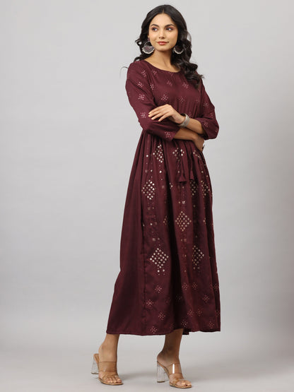 Mauve Festive Printed Flared Dress