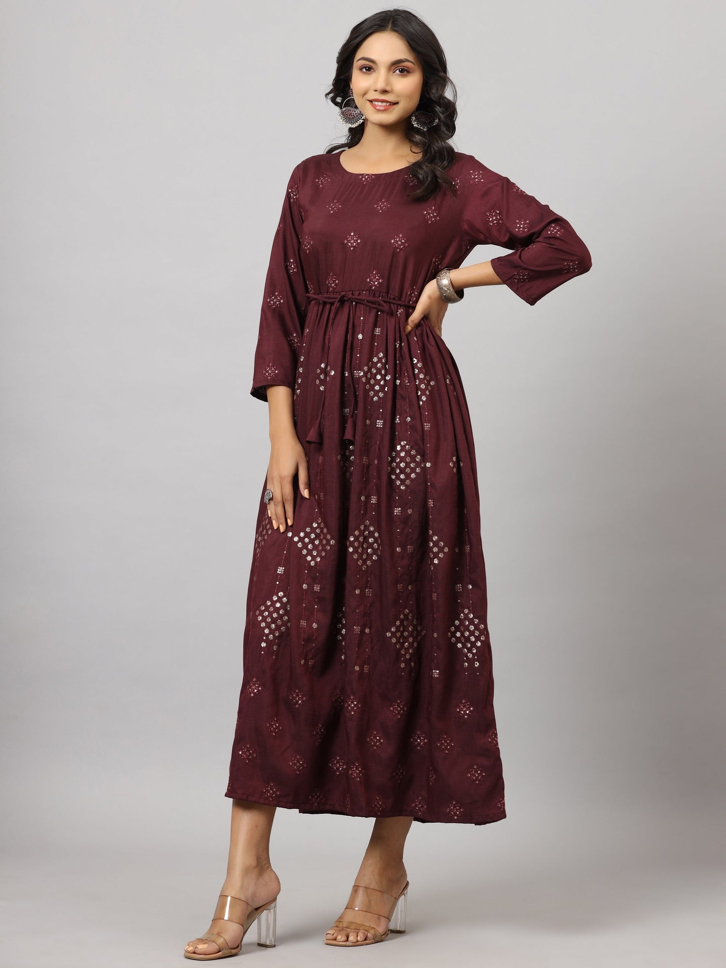 Mauve Festive Printed Flared Dress