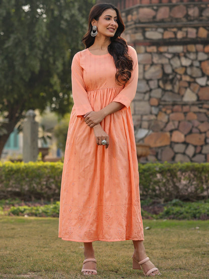 Peach Festive Embroidered Flared Dress