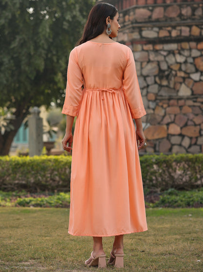 Peach Festive Embroidered Flared Dress