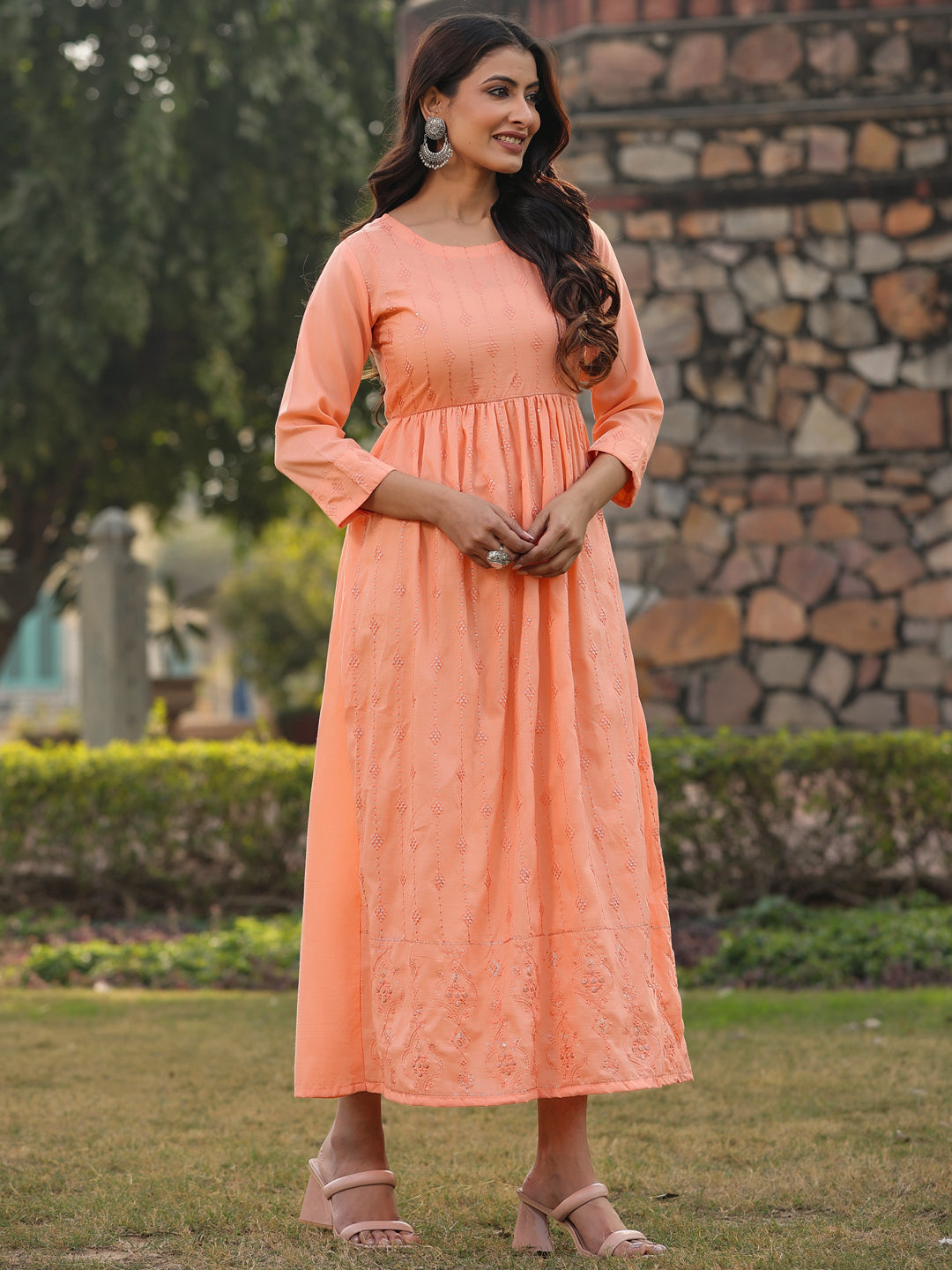 Peach Festive Embroidered Flared Dress