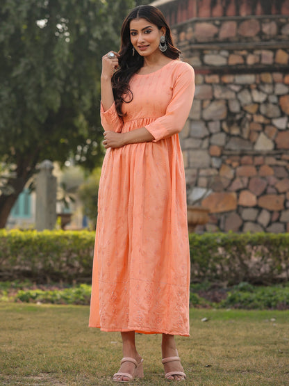 Peach Festive Embroidered Flared Dress