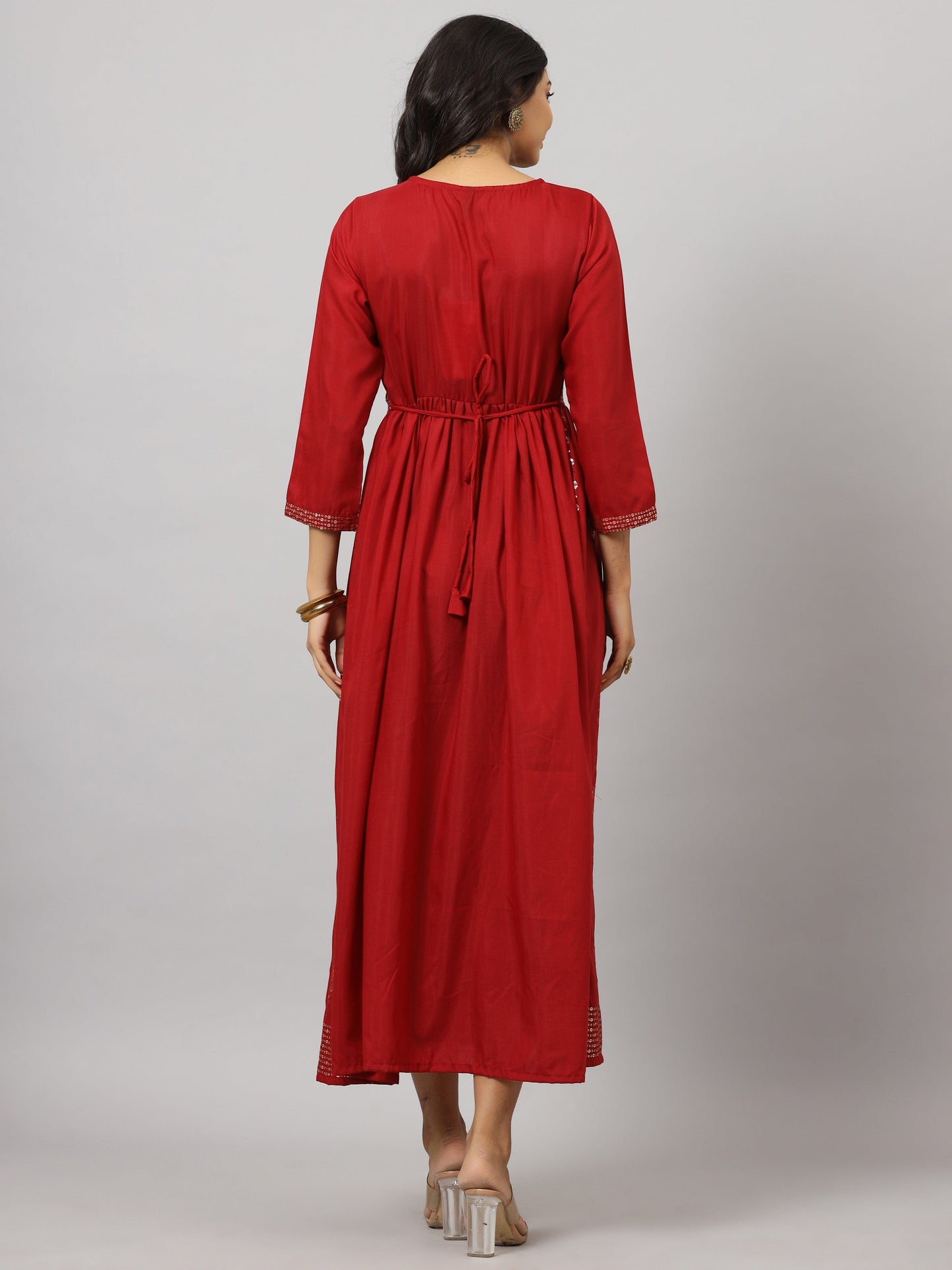 Maroon Festive Printed Flared Dress