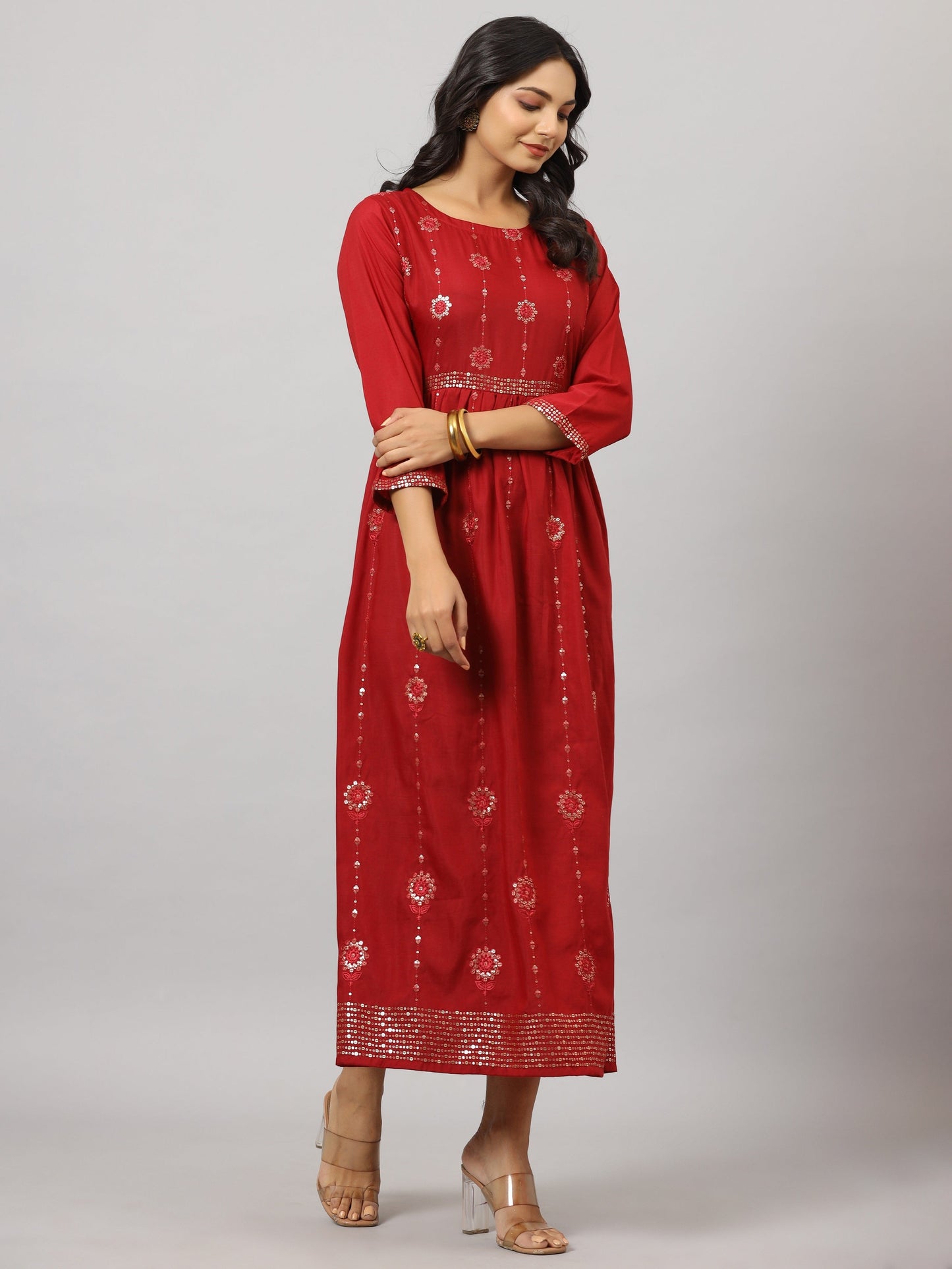 Maroon Festive Printed Flared Dress