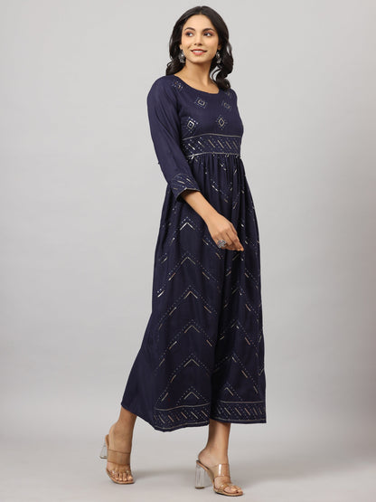 Navy Festive Printed Flared Dress