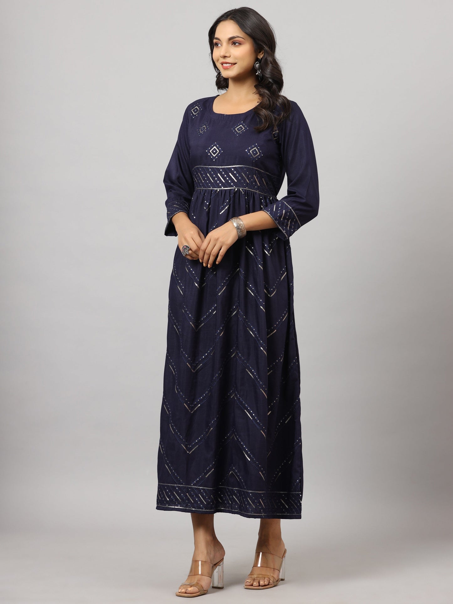 Navy Festive Printed Flared Dress