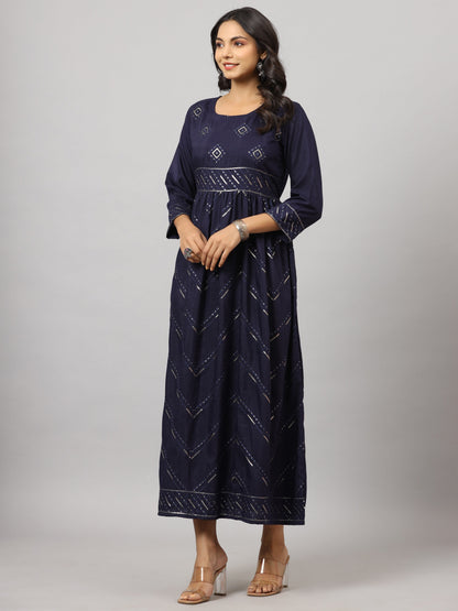 Navy Festive Printed Flared Dress
