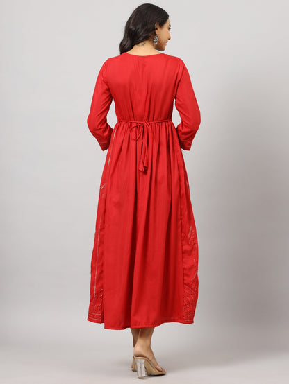 Red Festive Printed Flared Dress