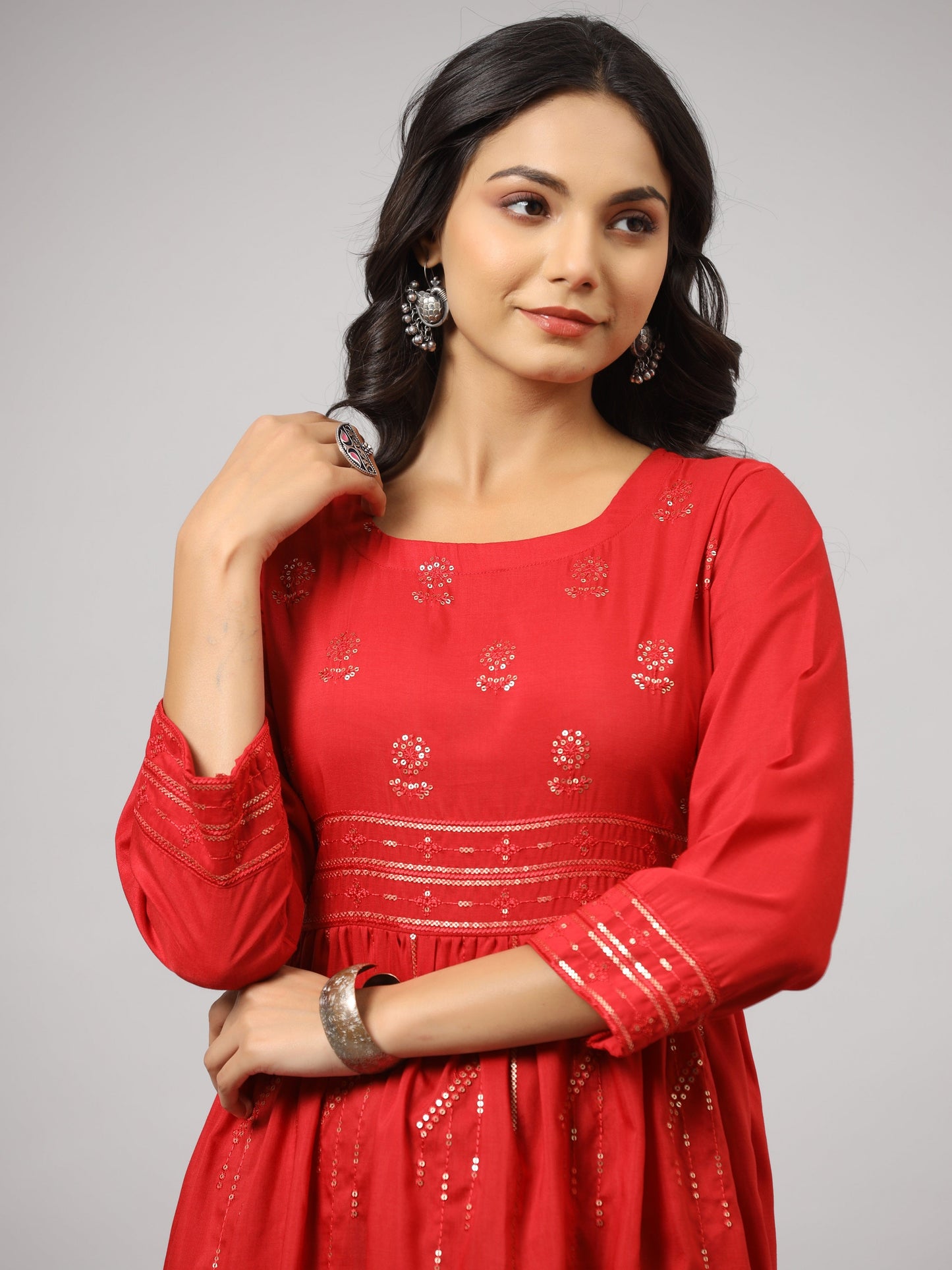 Red Festive Printed Flared Dress