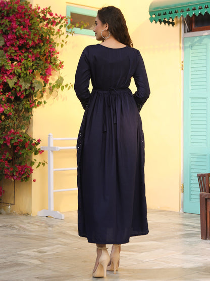 Navy Festive Embroidered Flared Dress
