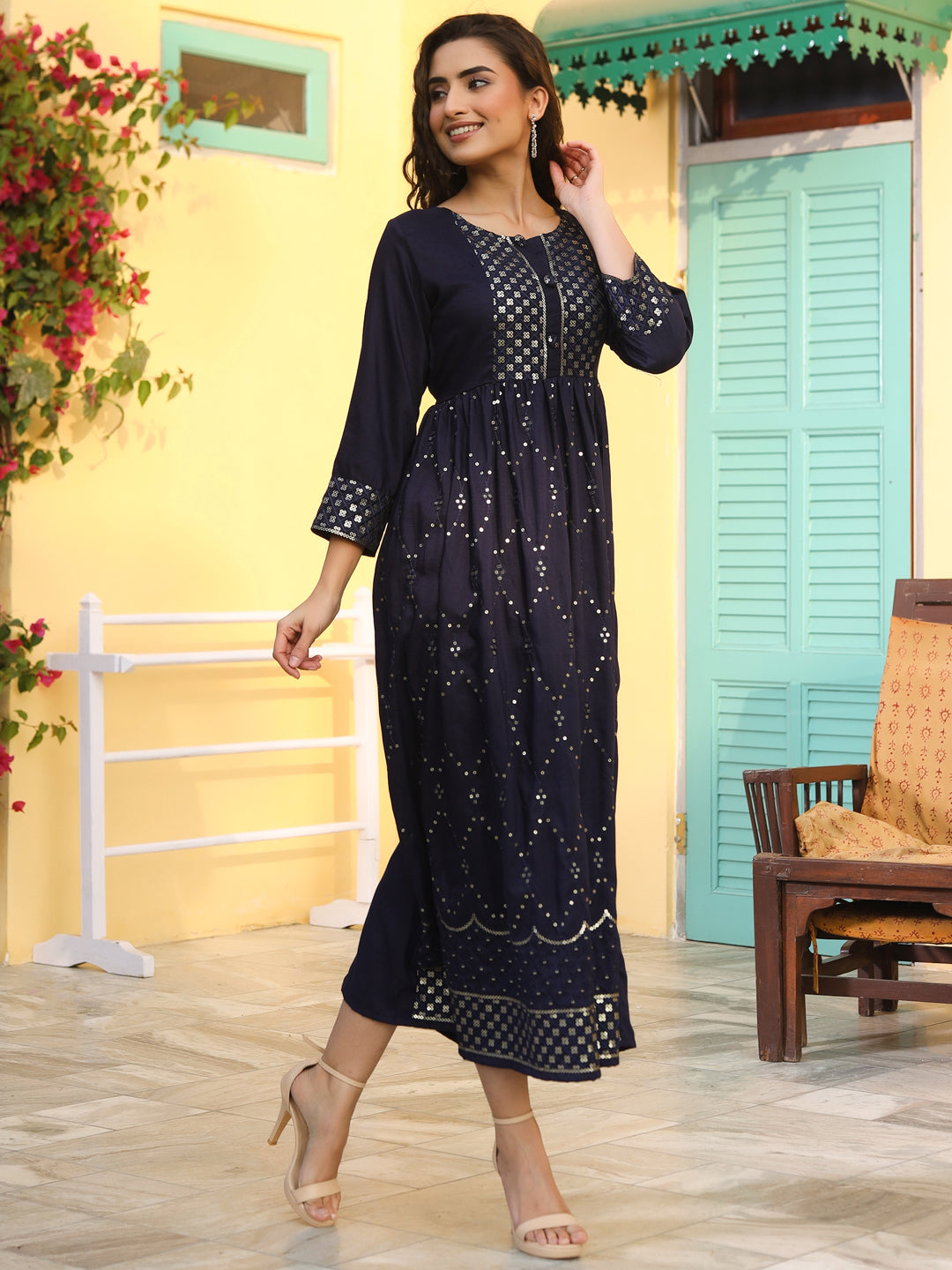 Navy Festive Embroidered Flared Dress
