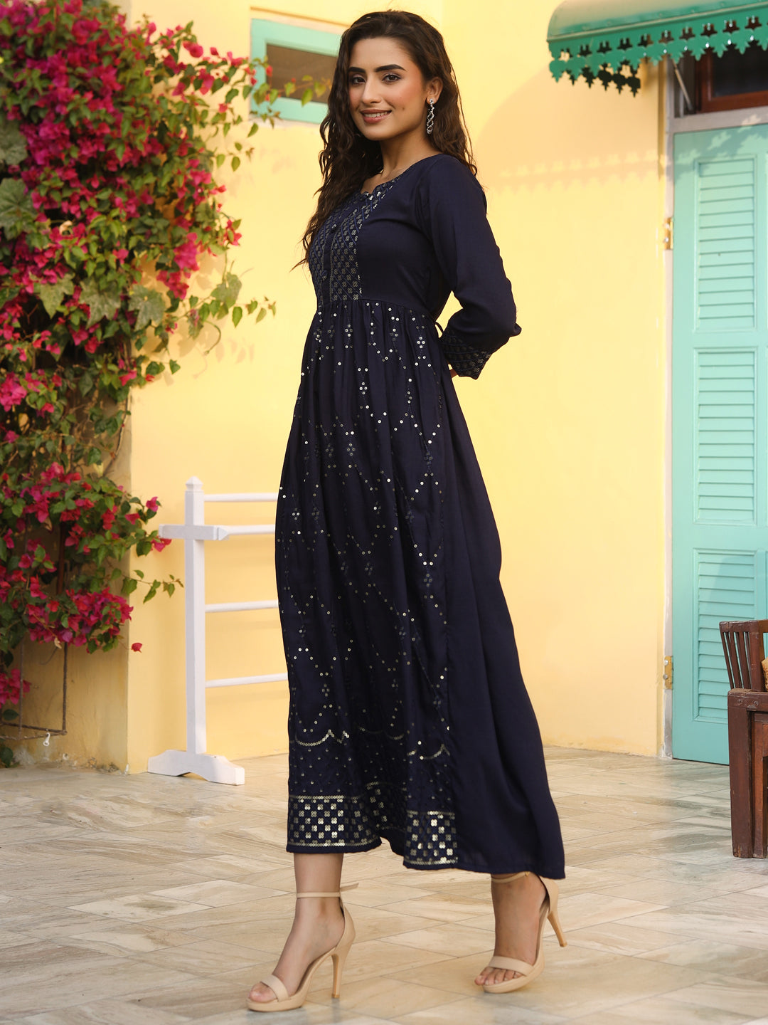 Navy Festive Embroidered Flared Dress
