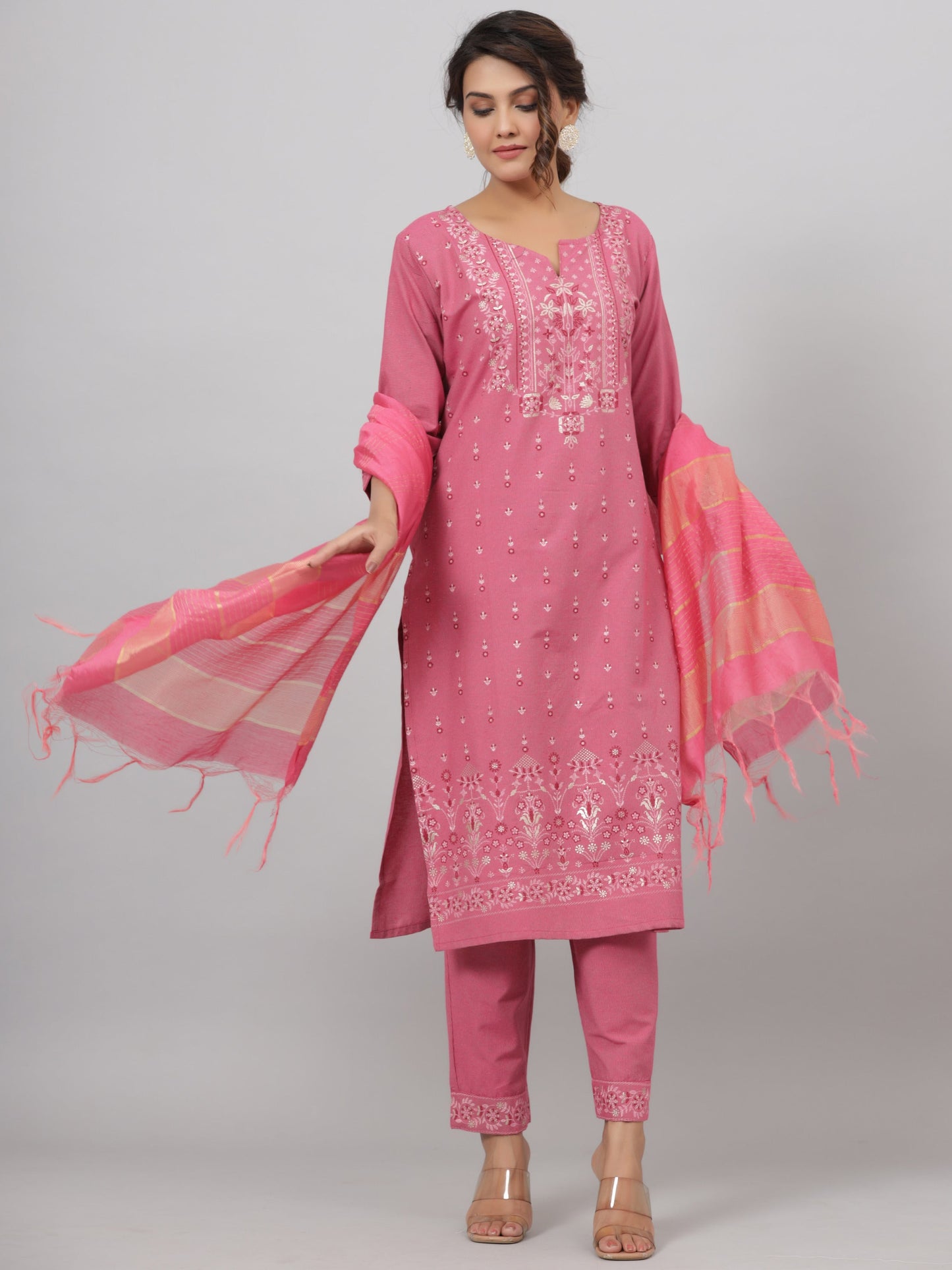 Pink Cotton Printed Kurta Set