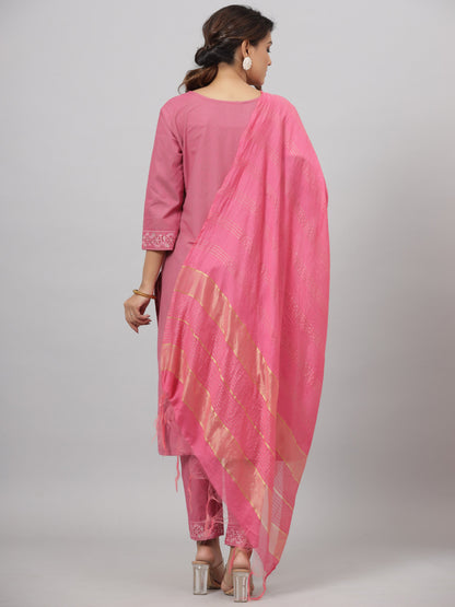 Pink Cotton Printed Kurta Set