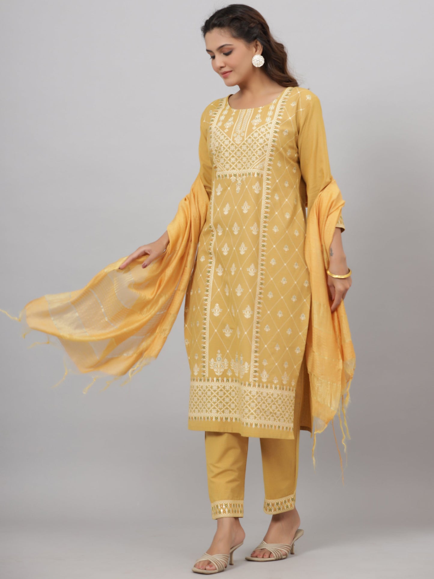 Mustard Cotton Printed Kurta Set