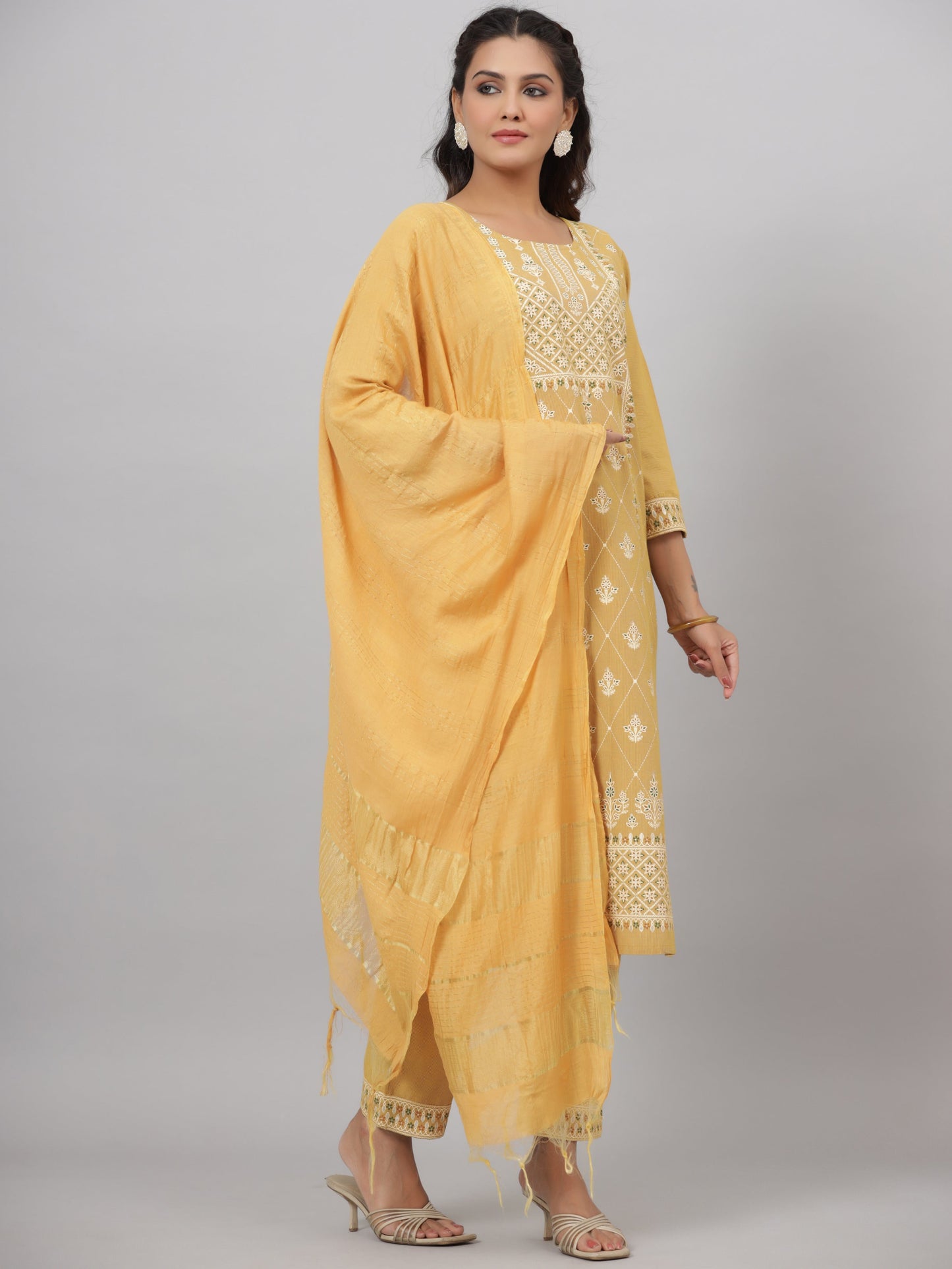 Mustard Cotton Printed Kurta Set