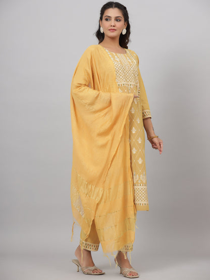 Mustard Cotton Printed Kurta Set
