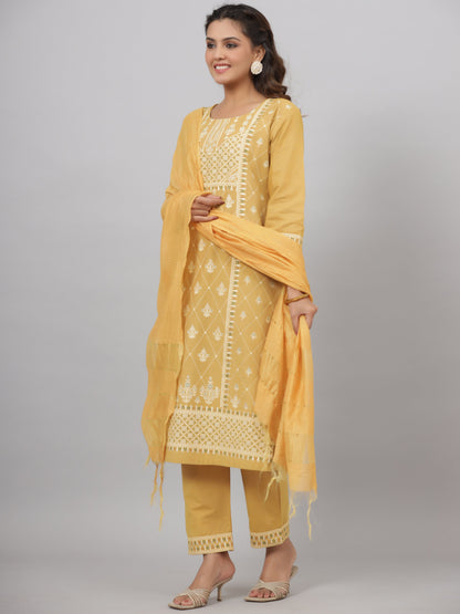 Mustard Cotton Printed Kurta Set
