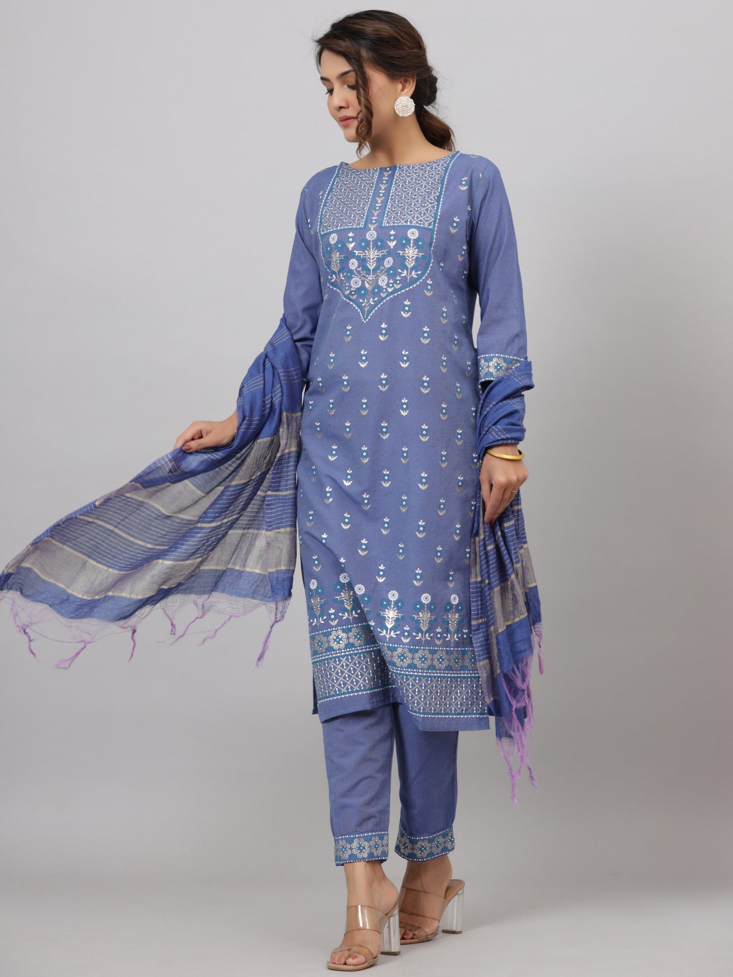 Blue Cotton Printed Kurta Set