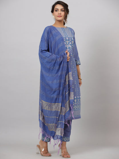 Blue Cotton Printed Kurta Set
