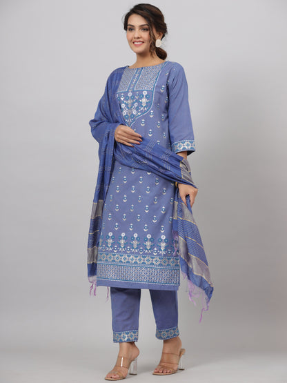 Blue Cotton Printed Kurta Set