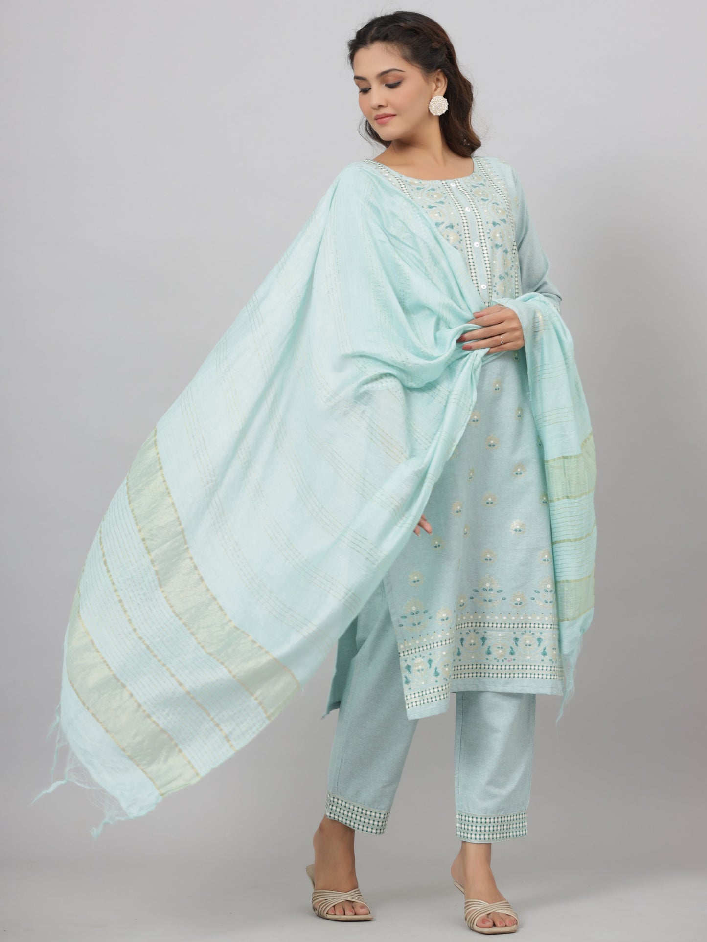 Mint Cotton Printed Kurta Set