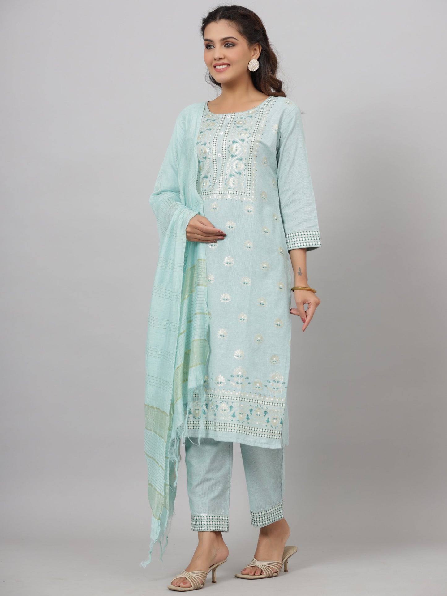 Mint Cotton Printed Kurta Set