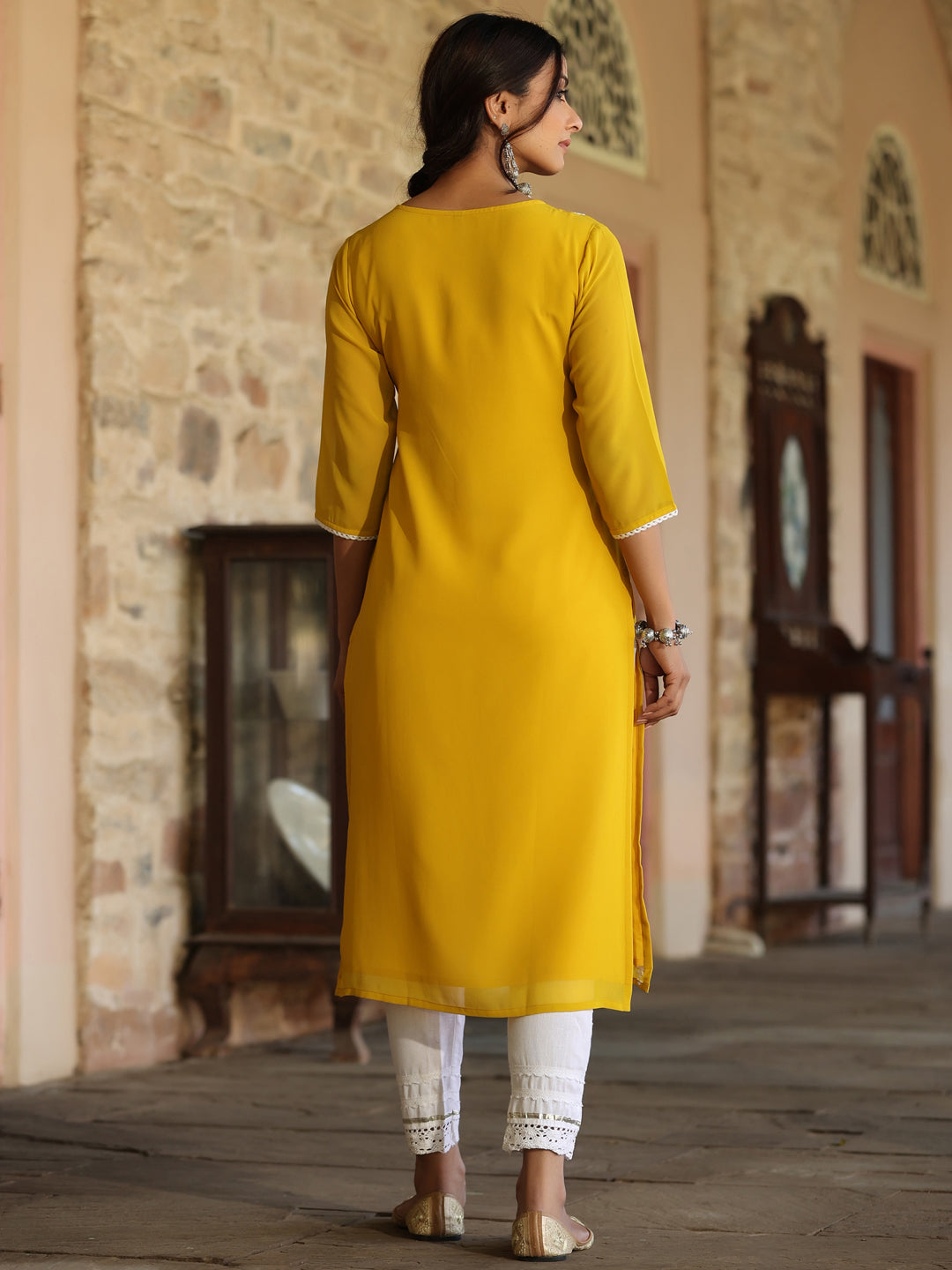 Yellow Georgette Printed Kurta