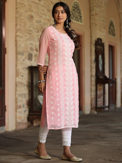 Pink Georgette Printed Kurta