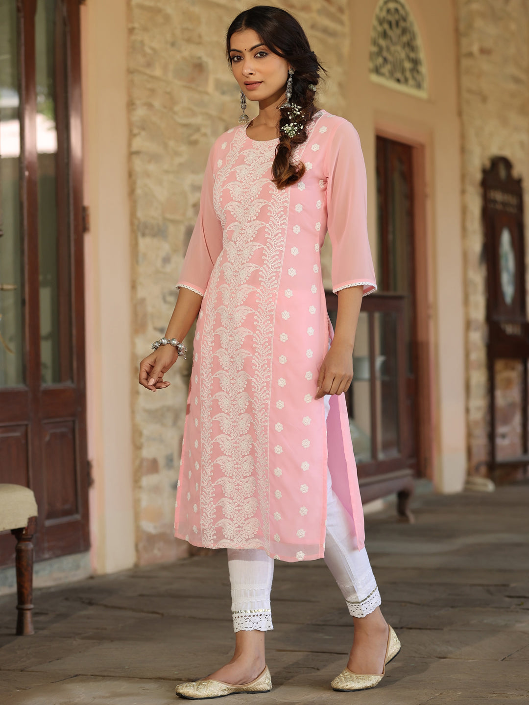 Pink Georgette Printed Kurta