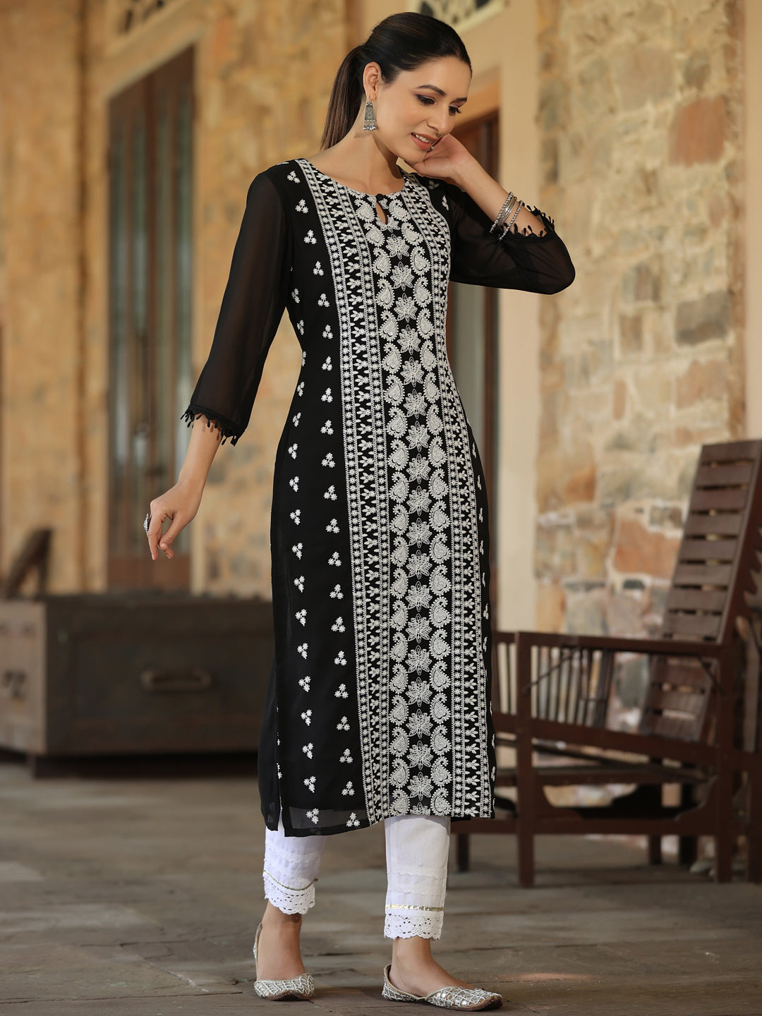 Black Georgette Printed Kurta