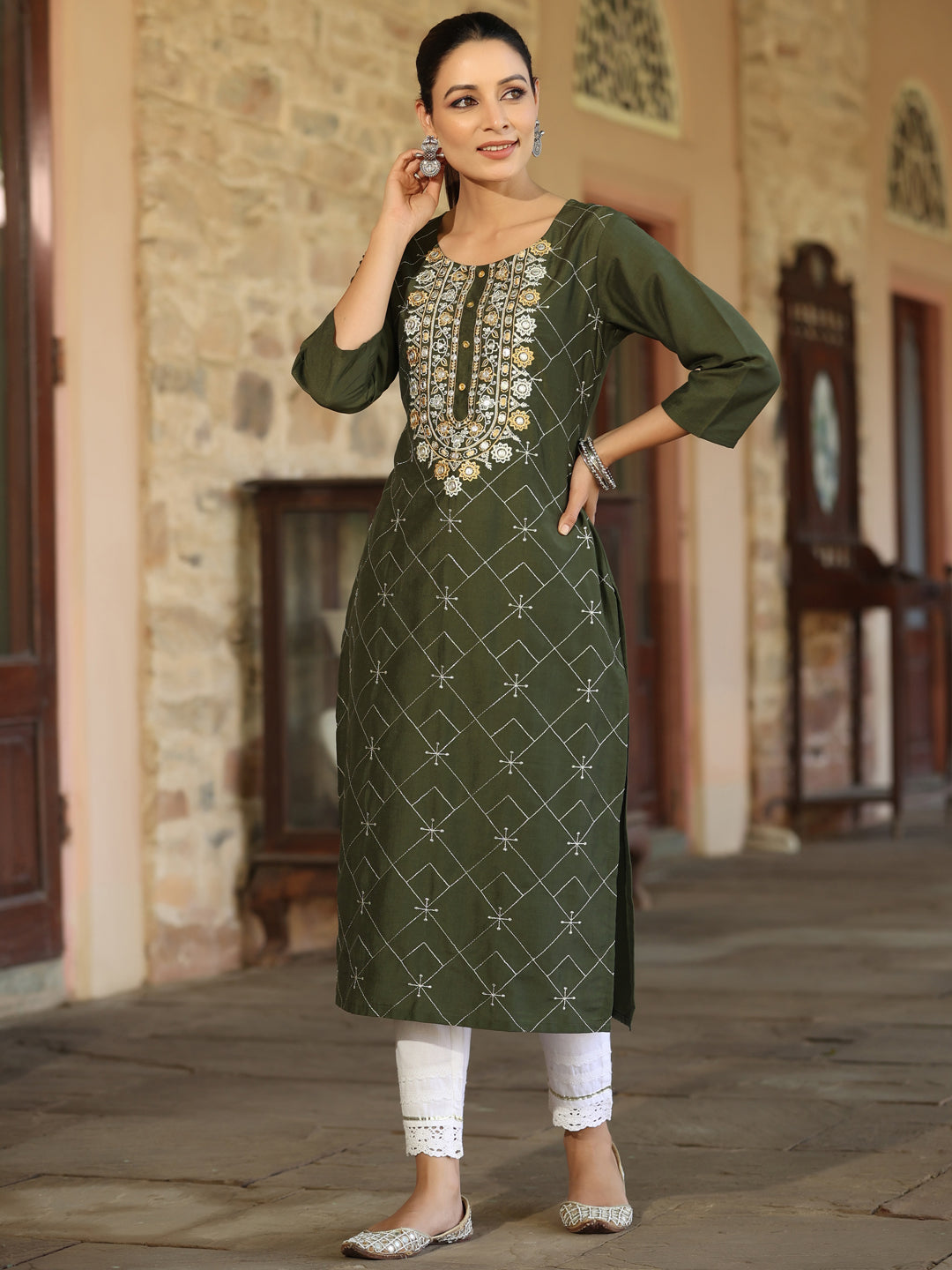 Green Chinnon Printed Kurta